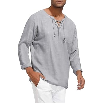 Men's Linen Tie Shirt Loose Fit Henley Beach 3/4 Sleeve Tops
